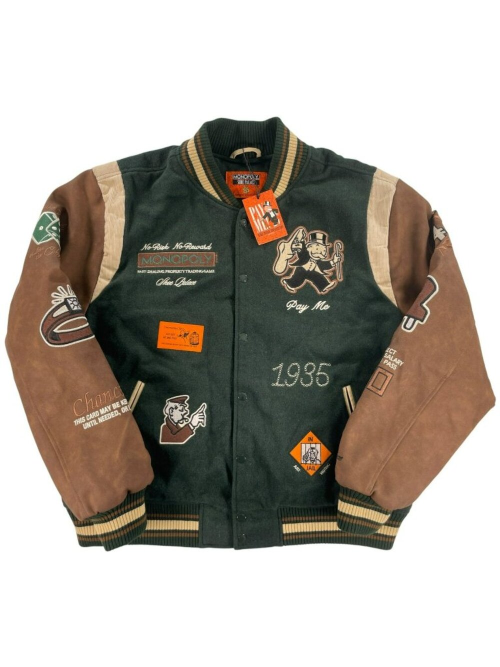 Monopoly X Shoe Palace No Risk No Reward Varsity Jacket Green/Brown Men's Sz XL